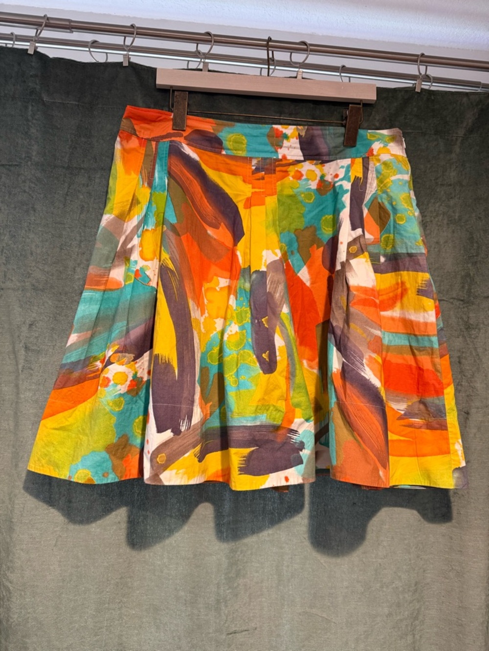 Vibrant DKNYC Abstract Print A-Line Skirt in Orange & Teal